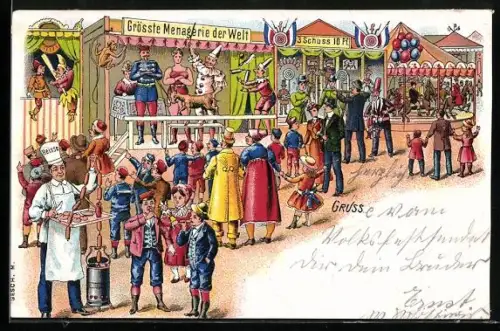 Lithographie Volksfest mit Menagerie, Kasperletheater und Wursthändler