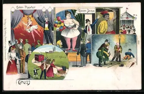 Lithographie Volksfest mit Riesen-Dame, Eden-Theater und Figur aus der Südsee, mit Betrunkenen