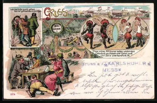 Lithographie Karlsruhe, Volksfest Karlsruher Mess mit Karikaturen und Betrunkenen