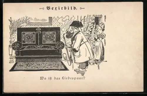 Künstler-AK Mann mit Pfeife auf der Suche nach einem verborgenen Liebespaar