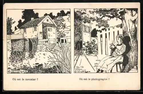 AK Wassermühle und Frau mit Fotoapparat beim Stricken