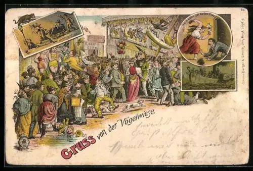 Lithographie Basel, Basler Messe mit Menschenmasse, Achterbahn, Schaukel