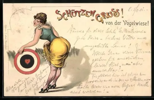 AK Schützen-Gruss, Dame mit prallen Hintern lenkt von Zielscheibe ab