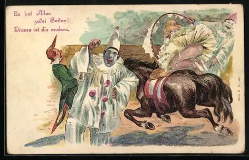 Künstler-AK Zirkusvorstellung mit einem Pierrot und einer Frau, die beim Reiten durch einen Reifen springt