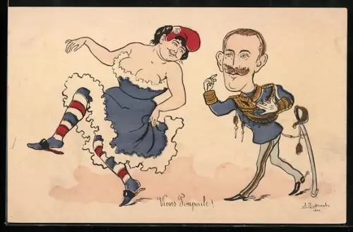 AK Viens Poupoule!, König Vittorio Emanuele III. von Italien läuft einer schönen Frau hinterher, Karikatur