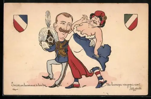 AK Der König von Italien mit einer prallen französischen Frau, Wappen