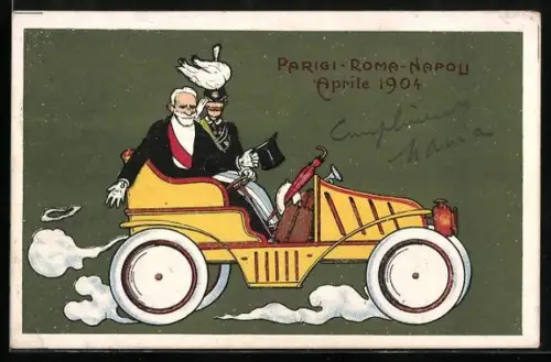 Künstler-AK Der König von Italien in einem Auto, Parigi-Roma-Napoli 1904