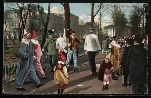 AK Köln, Karnevalsgesellschaft auf einer Brücke