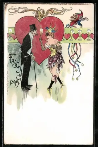 Lithographie Paar in Kostümen zum Fasching