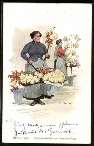 Künstler-AK sign. F. Bersch: Berlin, Blumenverkäuferin am Potsdamer Platz, Berliner Typen