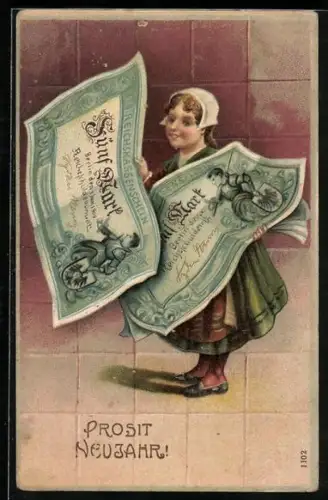 AK Frau hält zwei fünf Mark Reichskassenscheine in der Hand