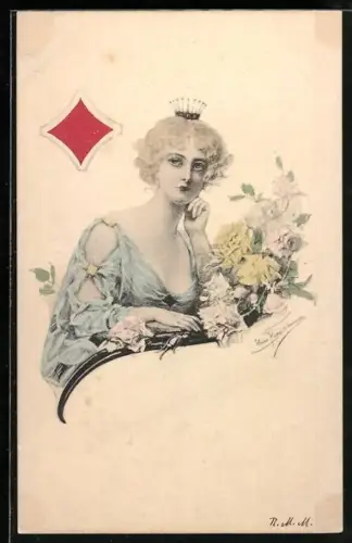 Lithographie Spielkarte Karo Königin mit gelben und rosanen Rosen