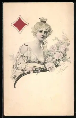 AK Karo Dame mit Krone und Blumen