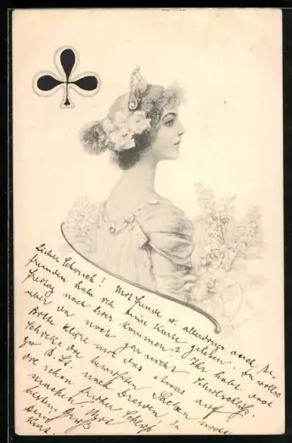 Lithographie Spielkarte Kreuz Königin im Profil