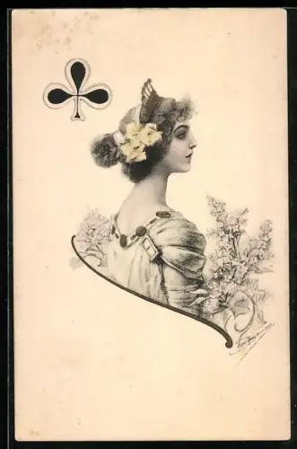 Lithographie Kreuz Königin in elegantem Kleid im Profil