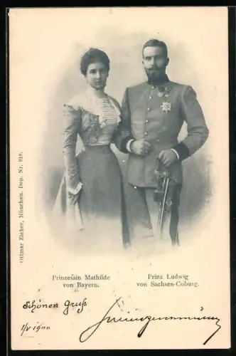 AK Prinzessin Mathilde von Bayern mit Prinz Ludwig von Sachsen-Coburg-Gotha, Vermählungsfeier 01.05.1900