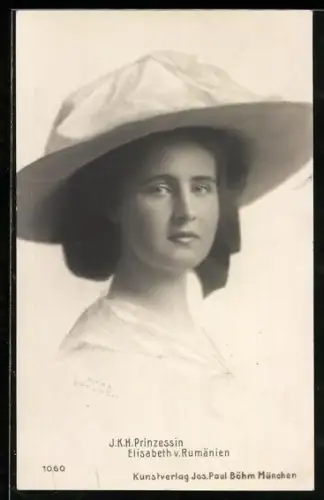 AK Prinzessin Elisabeth von Rumänien mit Hut