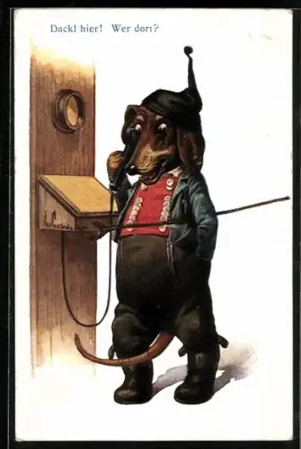 AK Dackel hier! Wer dort? - Hier Continental Bodega!, Dackel am Telefon, Reklame