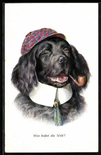 Künstler-AK Hund mit Mütze und Pfeife im Maul, vermenschlichte Tiere