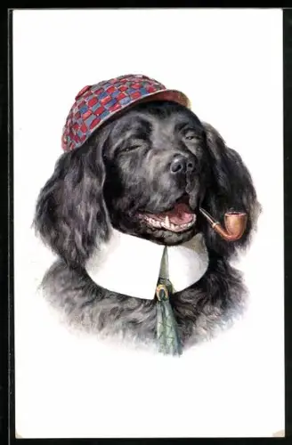 Künstler-AK Hund mit Mütze und Pfeife im Maul, vermenschlichte Tiere
