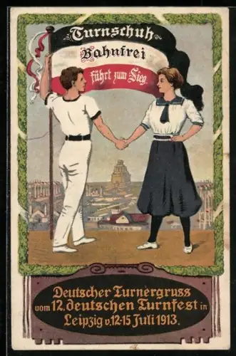 AK Leipzig, 12. Dt. Turnfest, Reklame für Turnschuh Bahnfrei, Turner geben sich die Hand