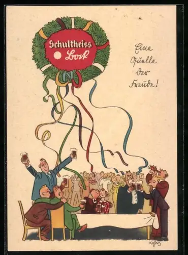 Künstler-AK Schultheiss Brauerei-Werbung, Männer trinken glücklich zusammen Bier