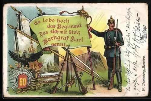 Künstler-AK Soldat des 60. Regiments in Uniform, Es lebe hoch das Regiment...