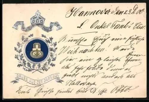 Präge-AK Garnison, Symbol im Kranz aus Eichenlaub