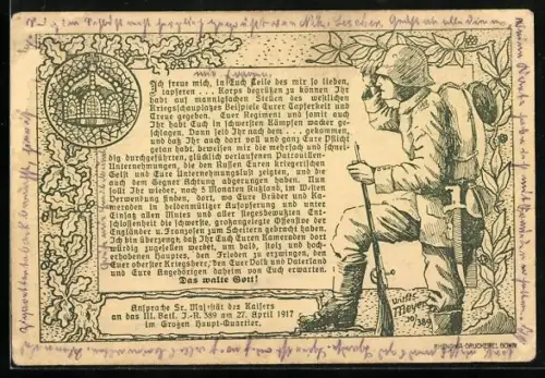 Künstler-AK Ansprache v. Kaiser an das III. Batl. Inf.-R. 389 am 27. April 1917, Soldat in Uniform