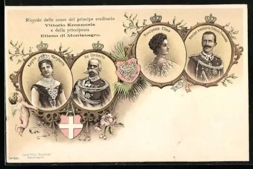 Lithographie König Umberto von Italien, Königin Margherita, Prinzessin Ellena, Vittorio Emanuele