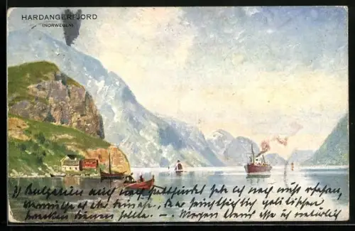 Künstler-AK Hardanger, Fjordpanorama mit Dampfer