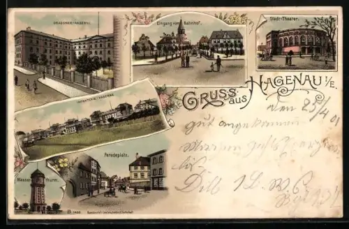 Lithographie Hagenau i. E., Dragoner-Kaserne, Stadt-Theater, Eingang vom Bahnhof