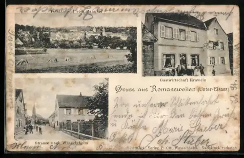 AK Romansweiler /Unter-Elsass, Gasthaus Ernwein, Strasse nach Wasselnheim, Totalansicht vom Bahnhof