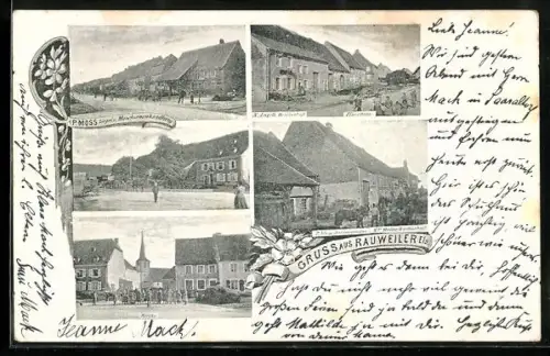 AK Rauweiler /Els., Ziegel- und Maschinenhandlung, P. Möss Sattlermeister und Gasthaus Witwe Müller