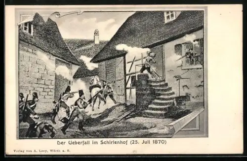 Künstler-AK Gundershofen, Überfall im Shcirlenhof 1870