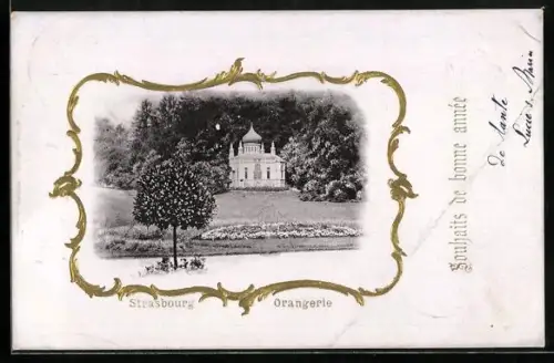 Lithographie Strasbourg, Orangerie, Neujahrsgruss, Passepartout