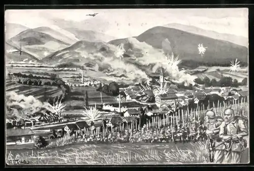 Künstler-AK Weiler in den Vogesen, Die Beschiessung der von Weiler