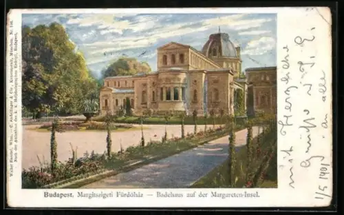 Künstler-AK Budapest, Badehaus auf der Margareten-Insel
