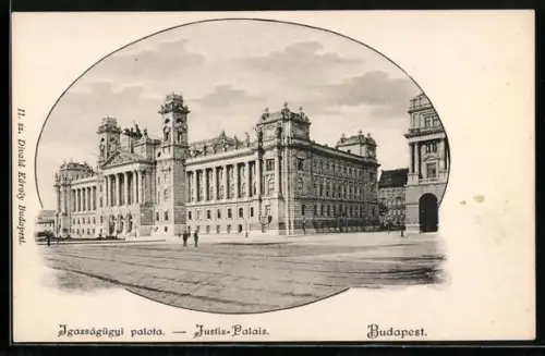 AK Budapest, Justiz-Palais mit Passanten