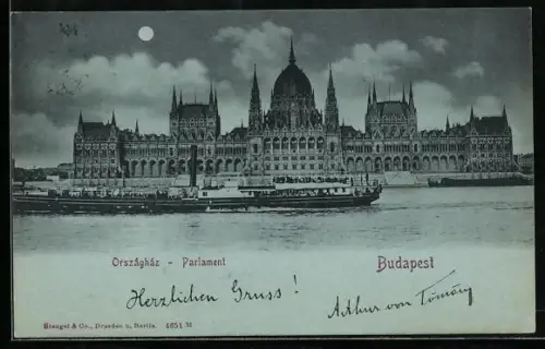 Mondschein-AK Budapest, Dampfer vor dem Parlament