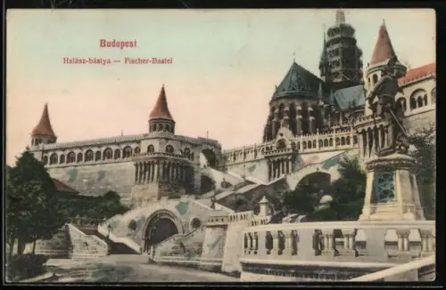 AK Budapest, Fischer-Bastei mit Denkmal
