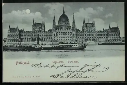 Mondschein-AK Budapest, Parlament mit Dampfer