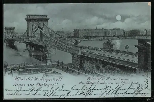 Mondschein-AK Budapest, Die Kettenbrücke von der Ofner Seite