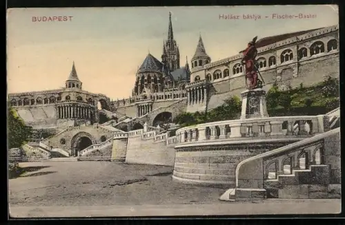 AK Budapest, Fischer-Bastei mit Denkmal