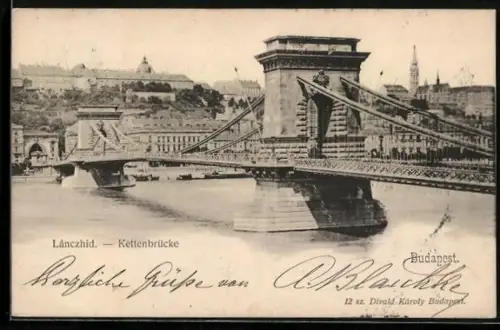 AK Budapest, Kettenbrücke mit Flusspartie