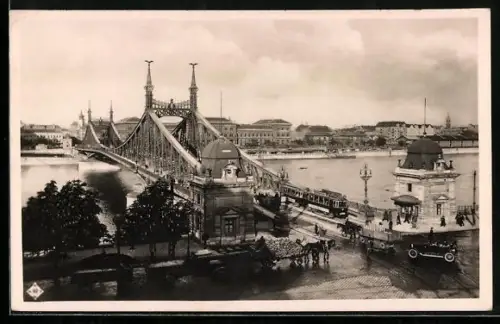 AK Budapest, Franz Josef-Brücke mit Strassenbahn