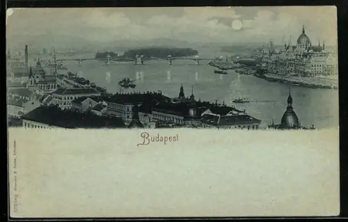 Mondschein-AK Budapest, Panorama mit Parlament