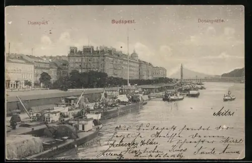 AK Budapest, Donaupartie mit Lastkähnen
