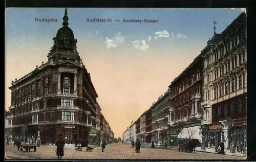 AK Budapest, Andrássy-Strasse mit Geschäften