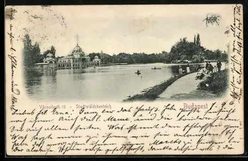 AK Budapest, Stadtwäldchenteich mit Spaziergängern